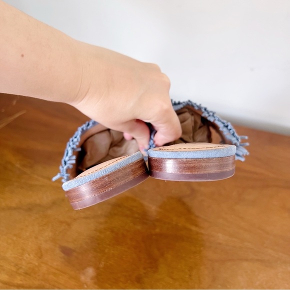 Latigo • Anthropologie Sofie Fringed Slide Sandal woven mules flat blue suede - Picture 5 of 7
